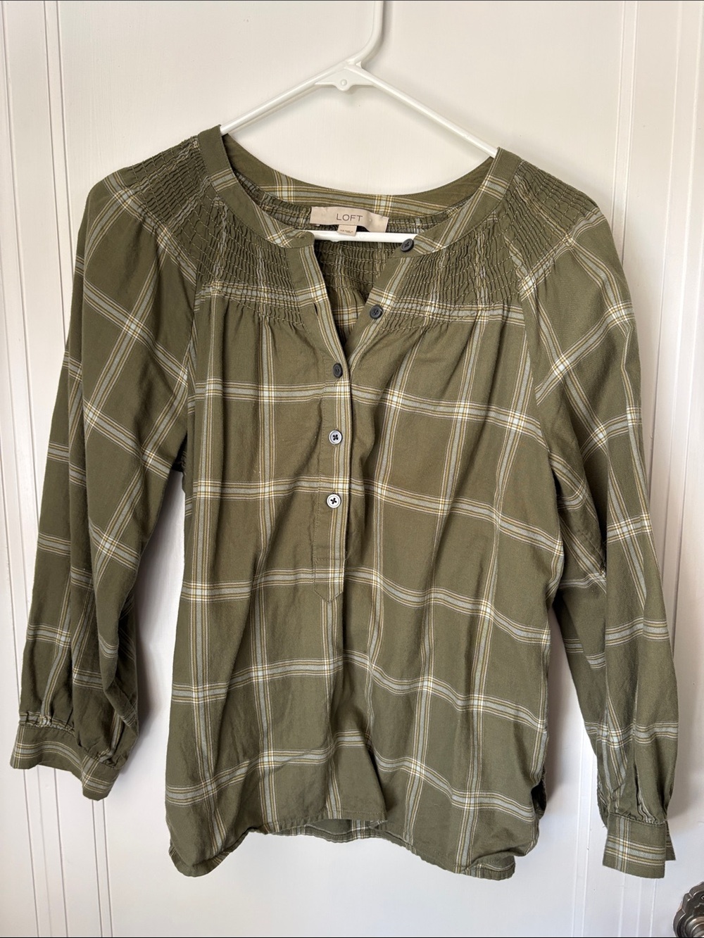 LOFT Olive Plaid Smocked Yoke Button Blouse
